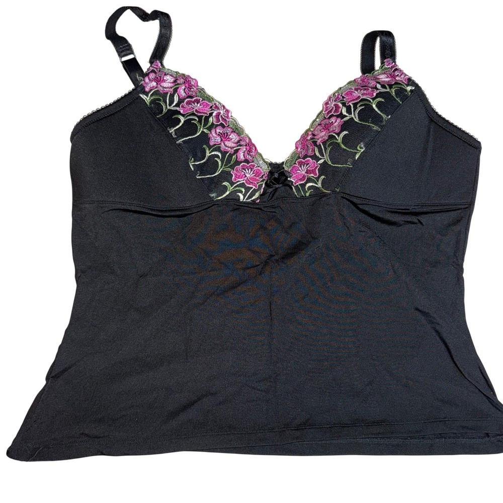 Black Floral Embroidered Camisole Top with Built-in Padded Bra Adjustable Straps